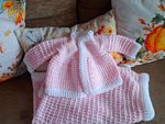 Handmade Crochet Baby Cardigan Jumper & Blanket Set 3-6 Months Pink/White