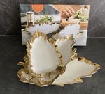 Fine Ceramic Set Of 3 Leaf Shape Serving Plates dish bowls  Snacks Gold Rim