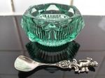 Solid silver Cherub spoon & Victorian green glass salt dish.