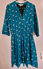 Yumi Teal Bird Print V-Neck 3/4 Sleeve Fit & Flare Knee Dress UK 8