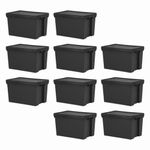 10 x 62L Black Storage Box with Lids Recycled Plastic Heavy Duty Stackable Boxes