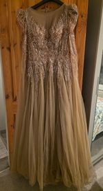 Champagne Gold Embellished Gown Wedding Guest Dress Evening Formal Maxi Size M