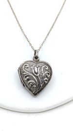 Vintage Sterling Silver Heart Locket Necklace 18" Engraved Floral
