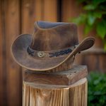 Real Leather Australian Western Cowboy Distressed Cow Hide Bush Hat & ChinStraps