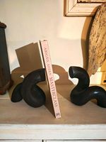 Black Abstract Ceramic Bookends Pair, Modern Curved Design, Matt Finish
