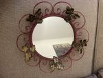 Vintage 1970s Wrought Iron Framed Mirror red with gold leaves 17” x 17”