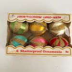 6 NOS Vintage MERRI-CRAFT Shatterproof Christmas Ornaments Satin Gold MCM Kitsch