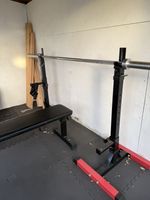 Barbell 20kg, Bumper Plates 130kg, Bench & rack, Mini Plates & 15kg Dumbbells