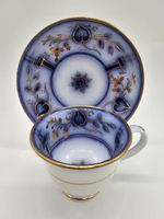 Antique Style Cobalt Blue & Gold Tea Cup Saucer Set Hand Painted Floral