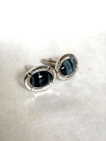 SUN EAGLE Vintage Men's Cufflinks Blue Tiger Hawk's Eye Style Silver Tone