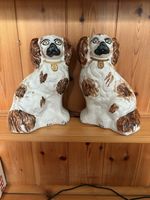 Set of 2 antique Staffordshire King Charles porcelain dog statues