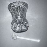 SMALL  ANTIQUE CRYSTAL MUSTARD POT & CRYSTAL SPOON CLEAR GLASS 6cms Tall