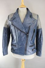 VINTAGE 1970's LADIES WOLF LEATHERS BLUE & GREY PUNK ROCK BIKER JACKET: 38-40 IN
