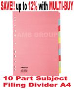 10 Part Subject Filing File Dividers A4 Multi Punched Coloured  