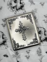 Gothic Rose & Cross Cigarette Case | Antique Silver Metal Vintage Style