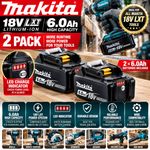 2x Genuine Makita BL1860B 18V LXT 6.0Ah Li-Ion Battery Twin Pack LED