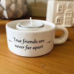 White Ceramic Candle Holder with Handle "True friends are never far apart"