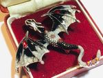 Beautiful Black & Grey Crystal & Enamel Dragon Brooch / Necklace Pendant