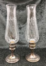 Pair Of Vintage Silver Plated Etched Glass Hurricane Lamp Candle Holders U1S4
