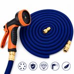 50ft Expandable Garden Hose Pipe Navy Blue Brass Fittings Spray Gun 8 Mode Nozzl