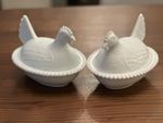 Vintage Milk Glass Hen on Nest Covered Dishes – Pair – 19cm