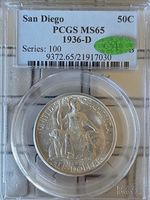 1936-D 50c San Diego Commemorative Silver Half Dollar - PCGS MS 65