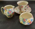James Kent England Old Rosalynde Floral China Royal Cup, Saucer, Creamer & Sugar