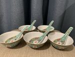 Chinese Jingdezhen Porcelain Green Mun Shou Longevity Turquoise 5 Bowls 5 Spoons