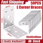  Angle Bracket Heavy Duty L Corner Braces Plates for Wood Steel 65x65x40mm 50PCS