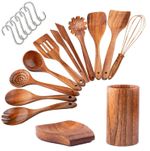 12 PCS Wooden Cooking Utensils Set Heat Resistant Wooden Spoon with Rest