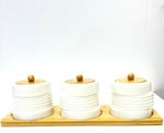 Sliding Set of 3 Ceramic Jars with bamboo lid with spoon & tray  Condiment