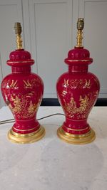 Pair Of Vintage Glass Red And Gold Ginger Jar Table Lamps Mid Century 1950s- 60s