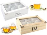 VINTAGE SHABBY CHIC WOODEN TEA BAG STORAGE BOX 6 COMPARTMENTS GLASS LID HERBAL 