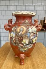 Antique Large Red Japanese Satsuma Earthenware Three Footed Vase