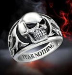 Mens Gothic Biker Skull Ring Engraved FEAR NOTHING