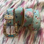 Women’s Blue Pink Floral Faux Leather Western Studded Belt Adjustable Buckle
