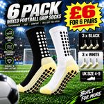 6 Pack Mens Grip Socks | Black / White | UK 4-9 | Football Rugby Sport
