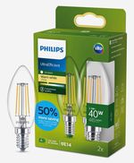 Philips UltraEfficient LED Filament Candle Bulbs E14 2.3W 485lm 2700K x2