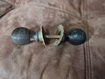 One Pair Of Old Antique Beehive Wood Ebony? door handles & 2 Brass Backplates