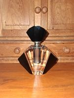 Rare Art Deco Fan Shape Black & Clear Glass Perfume Bottle and Silver Stopper