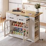 Kitchen Island, Storage Cupboard with Drop Leaf Countertop & Side Racks, White