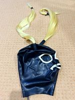 Black Latex Hooded Full Mask with Blonde Pigtails Adult Unisex