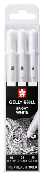 Sakura Gelly Roll Bright White Gel Pens 05/08/10 Fine Medium Bold Drawing Sketch