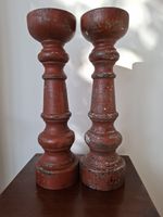 A Pair  of  Large Turned  WOODEN PAINTED/DISTRESSED Candlesticks  37cm Tall #2