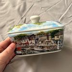 Old Harbour Ceramic Butter Keeper with Lid, Pictorial Harbour, 8in Rect