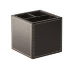 Osco Faux Leather Pen Pot, 3-Section Square Desk Tidy & Pencil Holder, Brown 