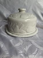 Vintage White Ceramic Cheese Dish with Lid – Embossed Fruit Design – Farmhouse