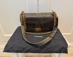 Medium Grey Snakeskin Finish Leather Flap Shoulder Bag Gold Chain