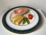 Salmon Prop Plated Meal Fake Food Green Beans Baby Sweetcorn Tomato Rose Display