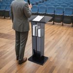 Acrylic Podium Stand Floor Standing Lectern Acrylic Podium with Storage Shelf